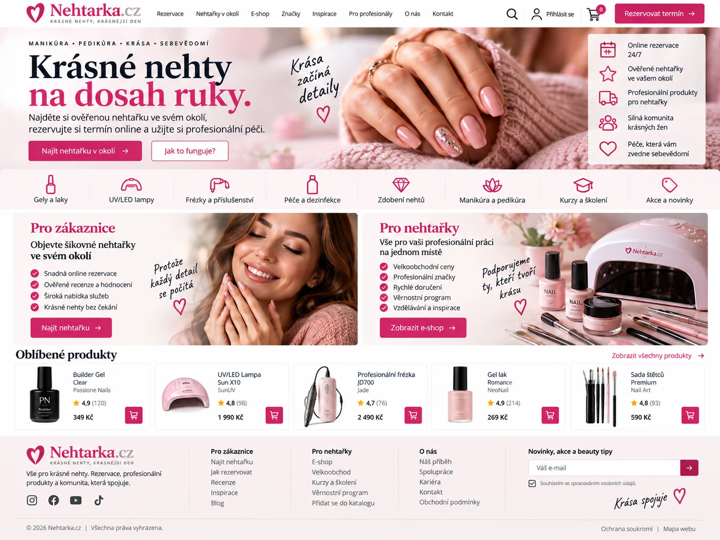Ilustrační návrh růžového webu Nehtarka.cz s manikúrou, rezervacemi, vybavením a produktovými kartami